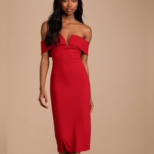 Lulus My Favorite Night Red Off-the-Shoulder Bodycon Midi Dress SMALL